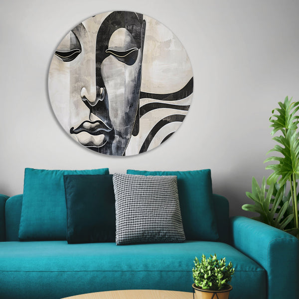 Surrealistisch boeddha schilderij in zwart-wit forex muurcirkel