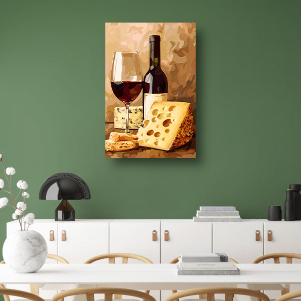 Schilderij van wijn en kaas stilleven poster