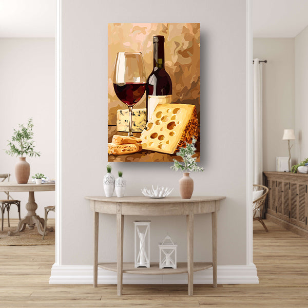 Schilderij van wijn en kaas stilleven poster