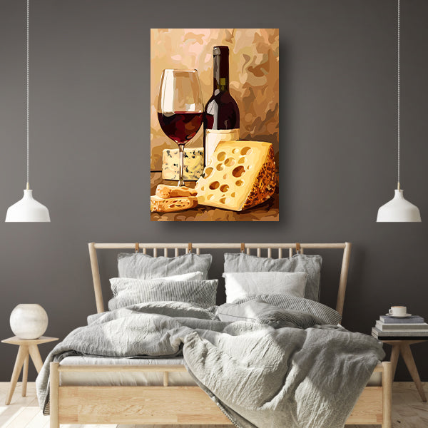Schilderij van wijn en kaas stilleven poster