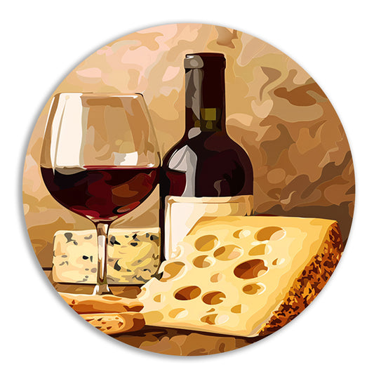 Schilderij van wijn en kaas stilleven aluminium muurcirkel