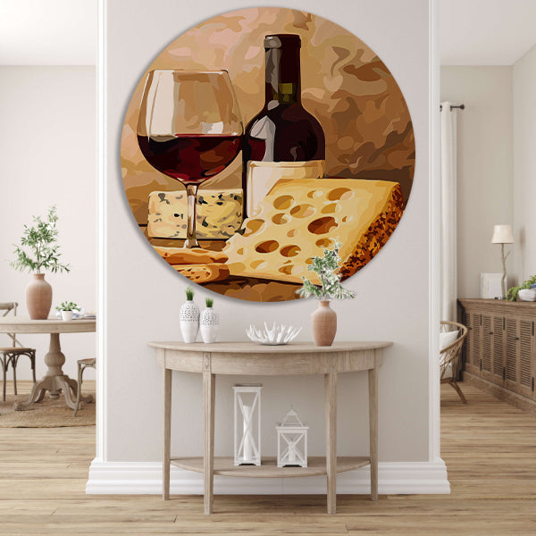 Schilderij van wijn en kaas stilleven aluminium muurcirkel