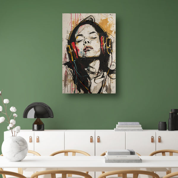Portret met koptelefoon in dynamische kleuren canvas