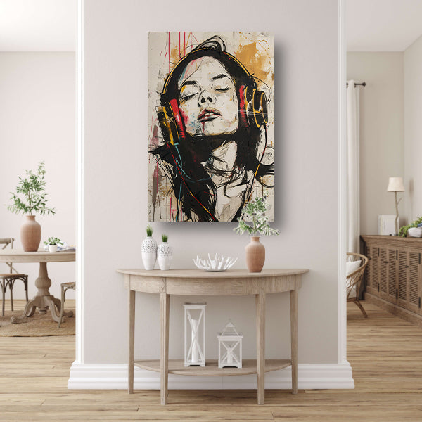 Portret met koptelefoon in dynamische kleuren canvas