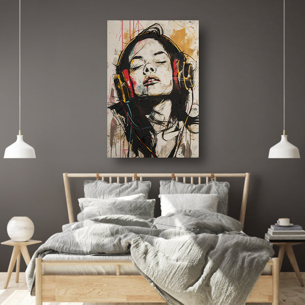 Portret met koptelefoon in dynamische kleuren canvas