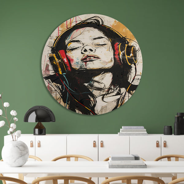 Portret met koptelefoon in dynamische kleuren aluminium muurcirkel