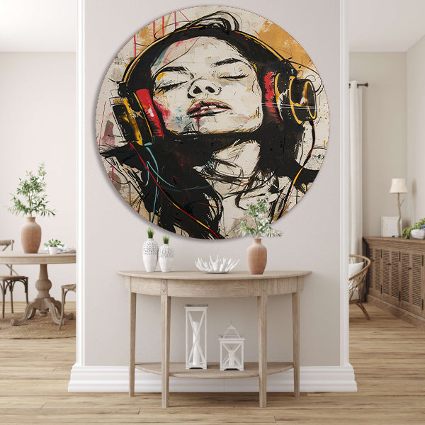 Portret met koptelefoon in dynamische kleuren aluminium muurcirkel