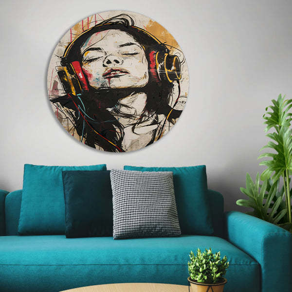 Portret met koptelefoon in dynamische kleuren aluminium muurcirkel
