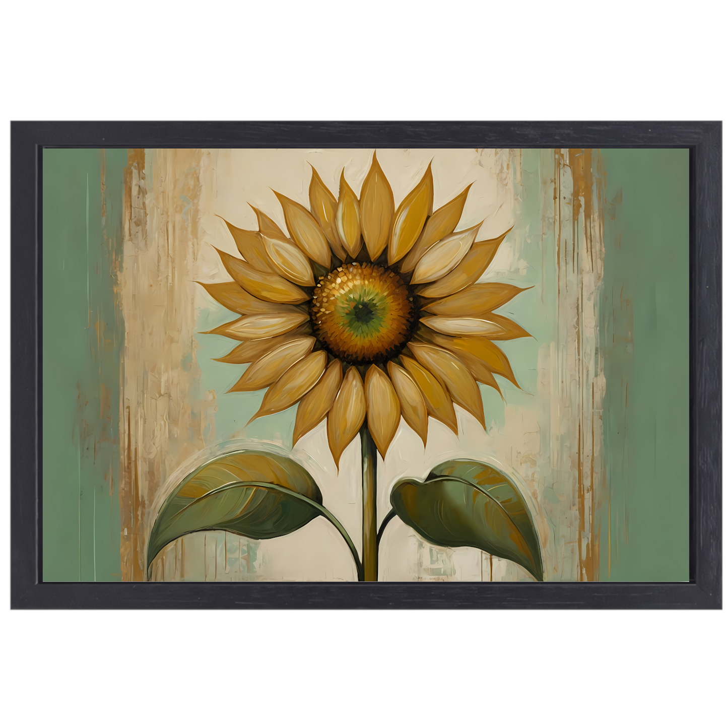Zonnebloem schilderij met goud canvas met baklijst