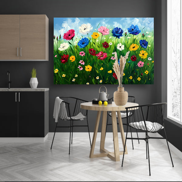 Kleurrijk bloemenveld onder een blauwe lucht poster