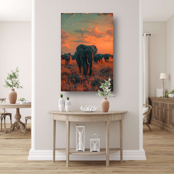Olifantenkudde traverseert savanne canvas