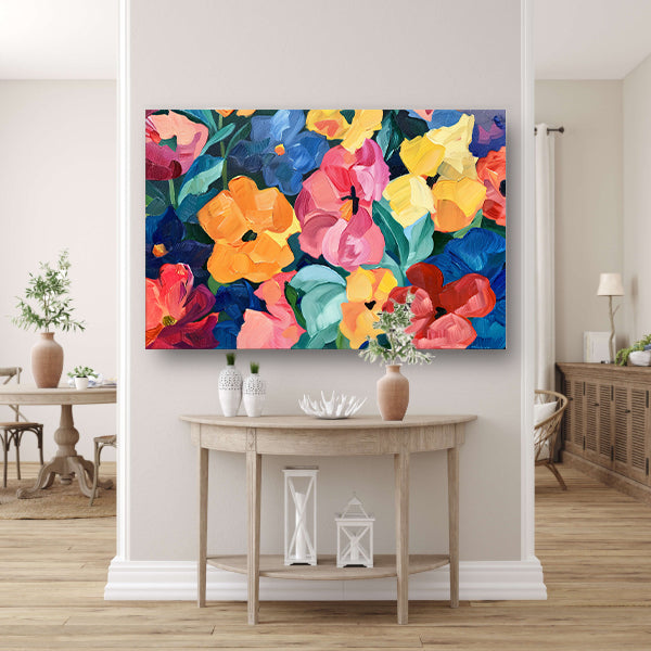 Abstracte explosie van kleurrijke bloemen en bladeren poster