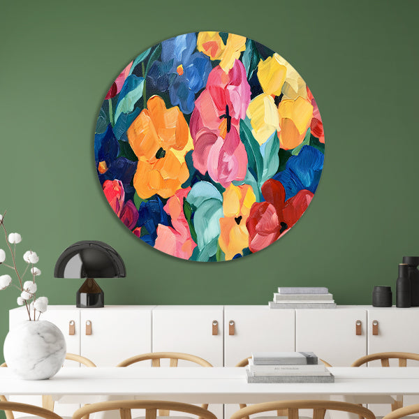 Abstracte explosie van kleurrijke bloemen en bladeren aluminium muurcirkel