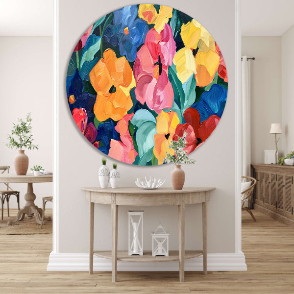 Abstracte explosie van kleurrijke bloemen en bladeren aluminium muurcirkel