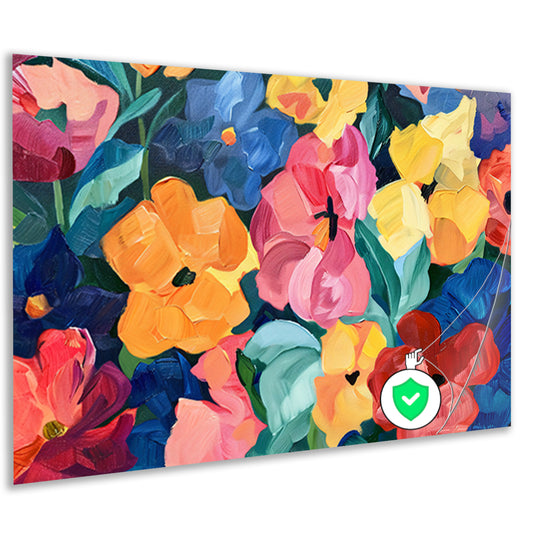 Abstracte explosie van kleurrijke bloemen en bladeren poster