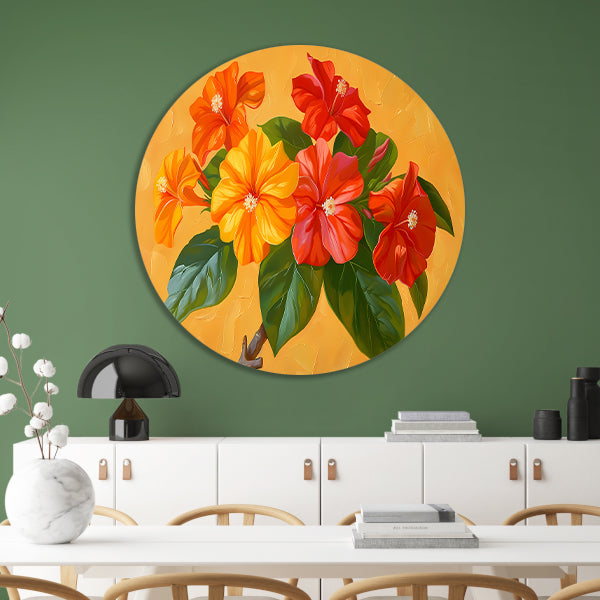 Kleurrijke bloemen en bladeren schilderij aluminium muurcirkel
