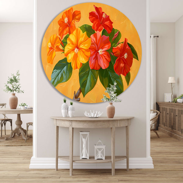 Kleurrijke bloemen en bladeren schilderij aluminium muurcirkel