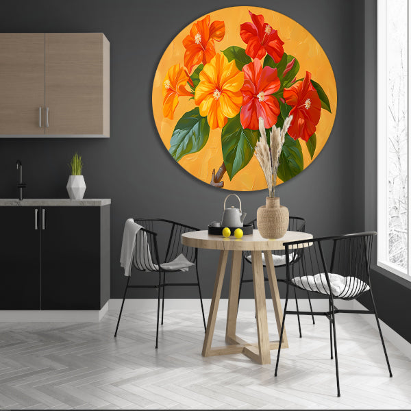 Kleurrijke bloemen en bladeren schilderij aluminium muurcirkel