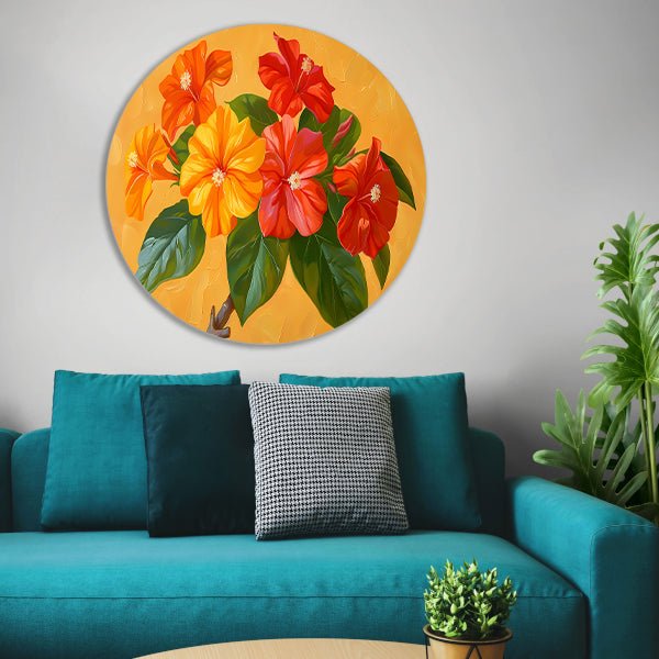 Kleurrijke bloemen en bladeren schilderij aluminium muurcirkel