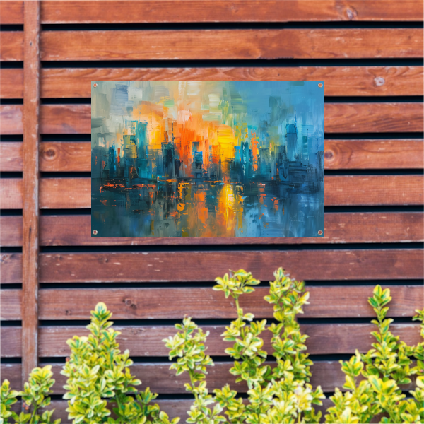 Levendige abstracte weergave van een grootstedelijk landschap tuinposter