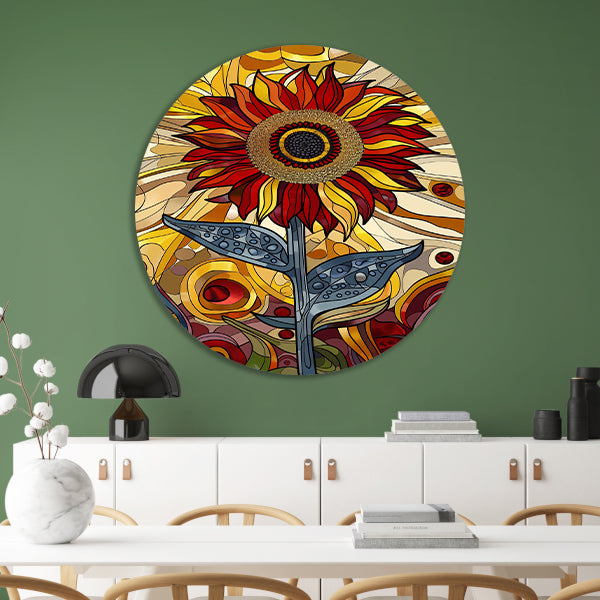 Kleurrijke digitale zonnebloem kunst schilderij aluminium muurcirkel