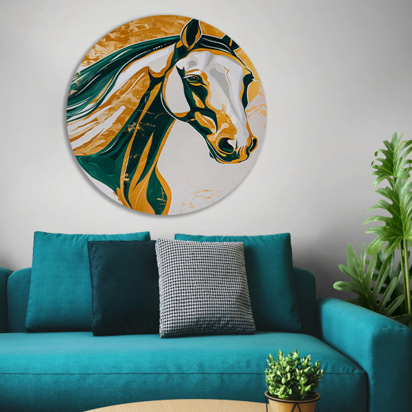 Abstract schilderij van een paard in kleuren aluminium muurcirkel