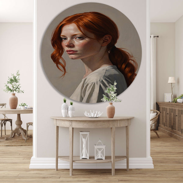 Jonge vrouw met rood haar en sproeten aluminium muurcirkel