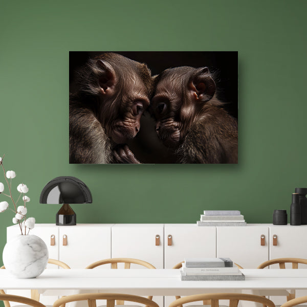 Twee apen in intieme omhelzing canvas met baklijst