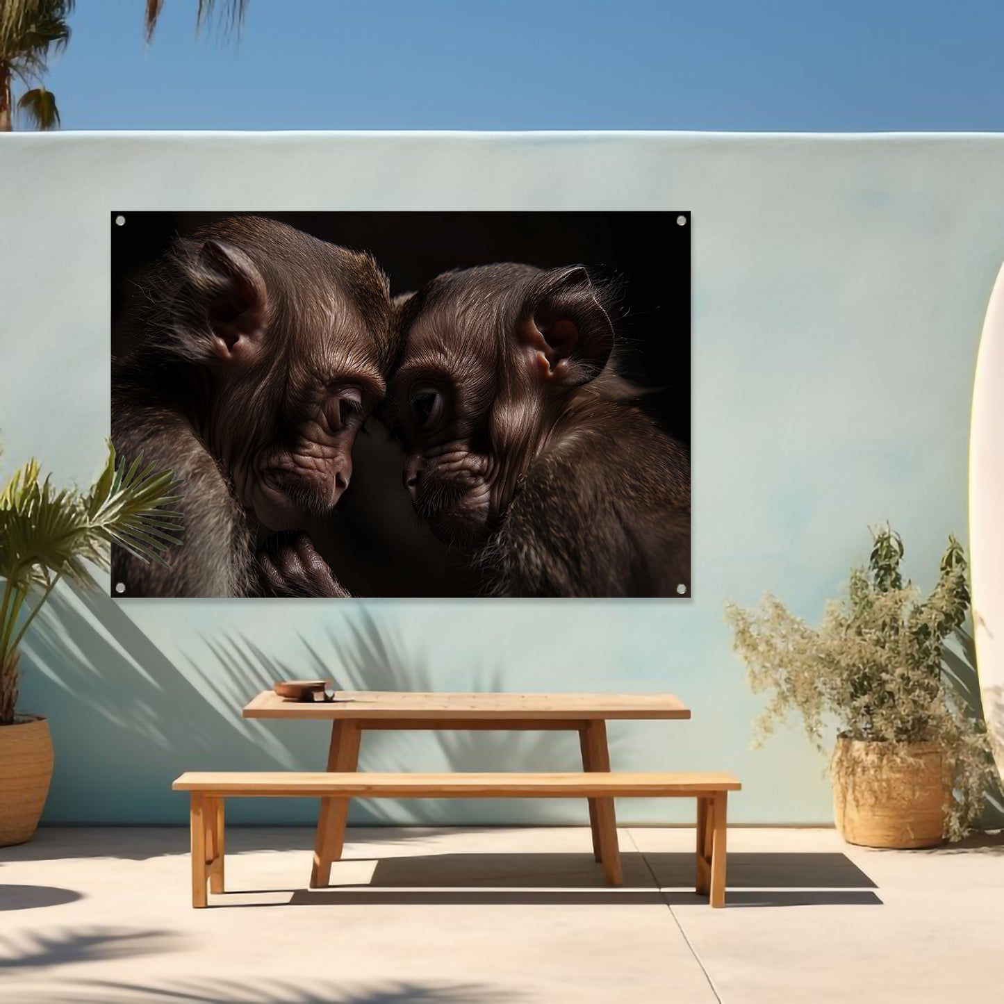 Twee apen in intieme omhelzing tuinposter