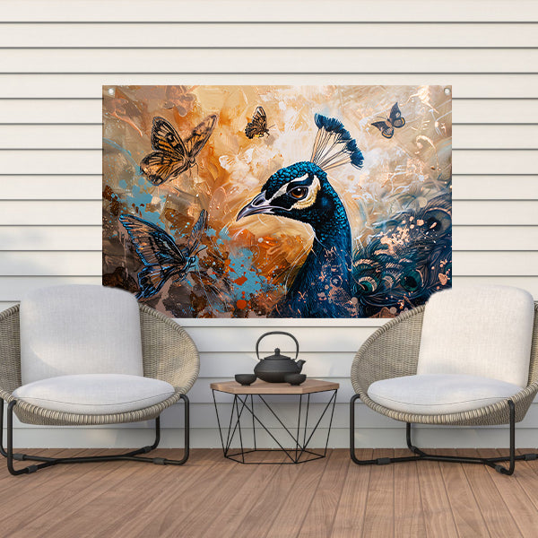 Surrealistische pauw met kleurrijke vlinders tuinposter