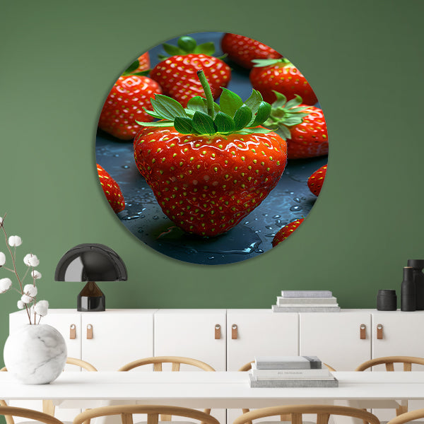 Close-up van sappige rode aardbeien met waterdruppels aluminium muurcirkel