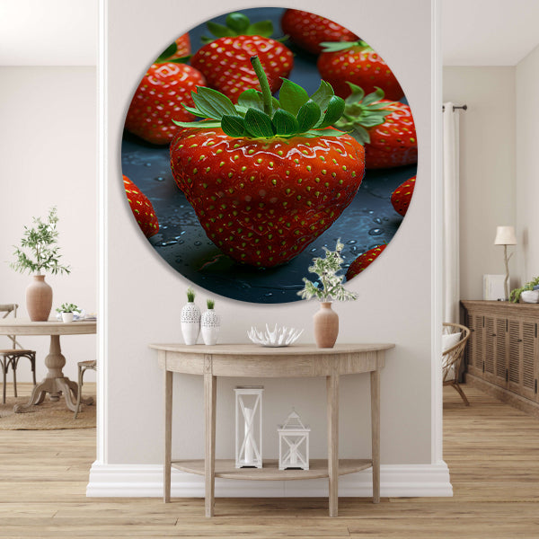 Close-up van sappige rode aardbeien met waterdruppels aluminium muurcirkel