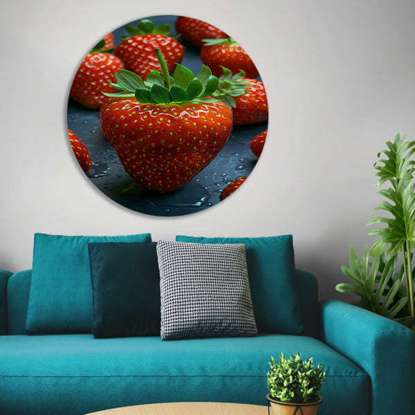 Close-up van sappige rode aardbeien met waterdruppels aluminium muurcirkel