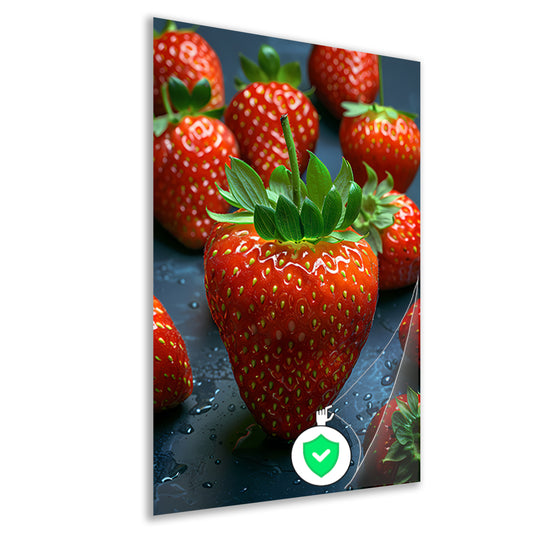 Close-up van sappige rode aardbeien met waterdruppels poster
