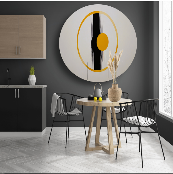 Geel-Zwarte Abstractie met Dynamische Cirkels aluminium muurcirkel