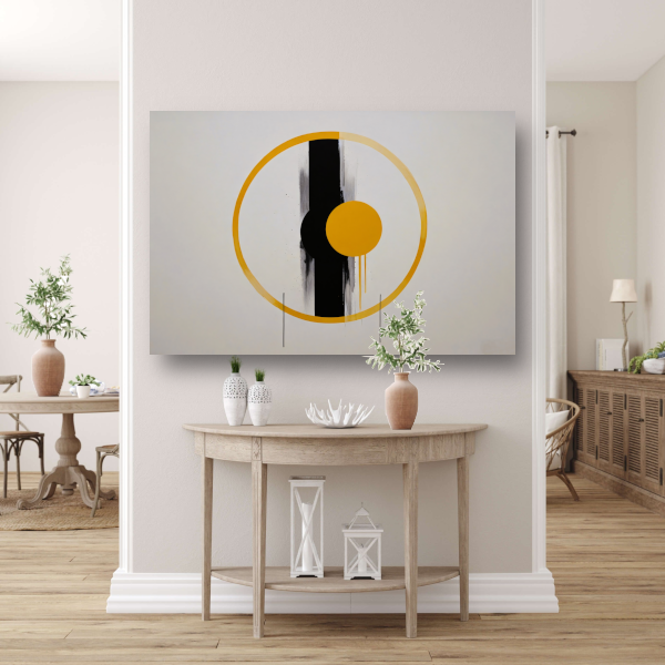 Geel-Zwarte Abstractie met Dynamische Cirkels canvas