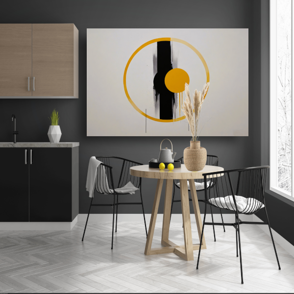 Geel-Zwarte Abstractie met Dynamische Cirkels canvas