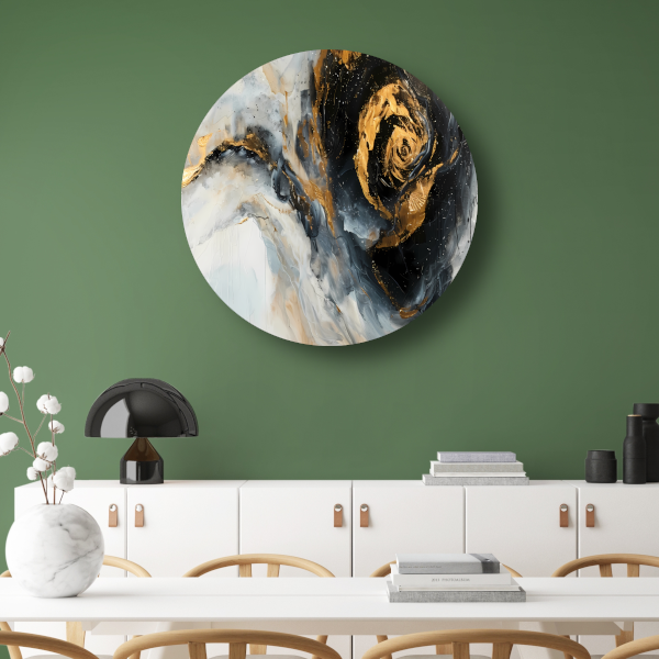 Moderne abstracte expressie in goud en blauwtinten aluminium muurcirkel