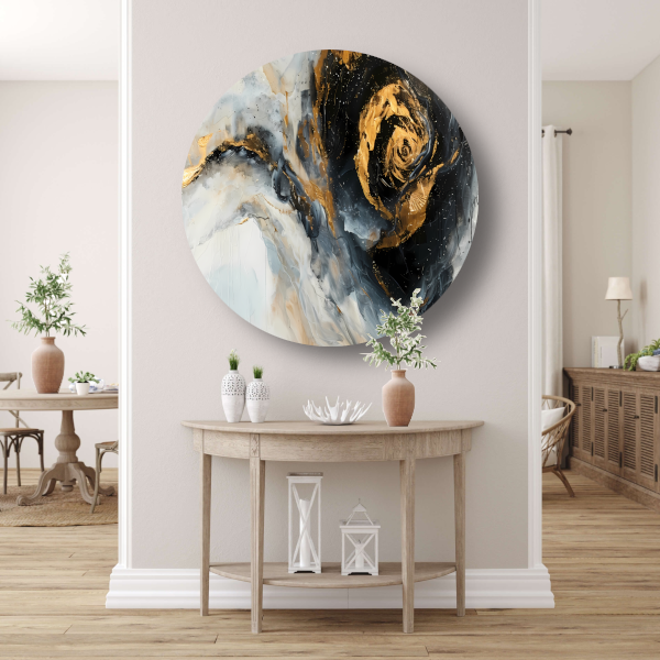 Moderne abstracte expressie in goud en blauwtinten aluminium muurcirkel