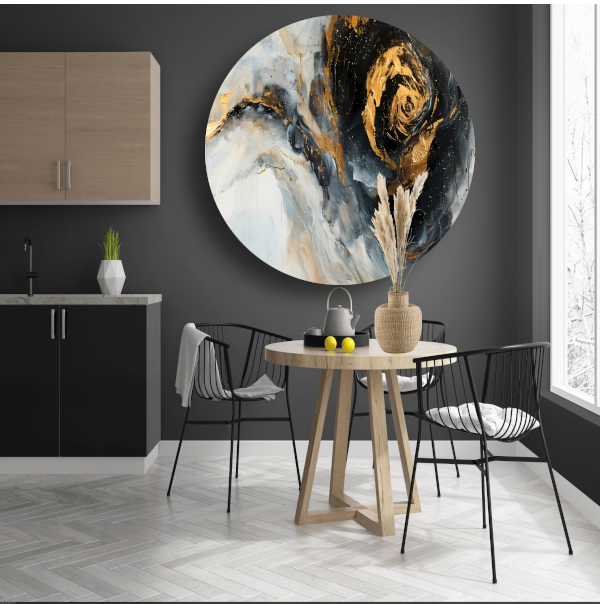 Moderne abstracte expressie in goud en blauwtinten aluminium muurcirkel