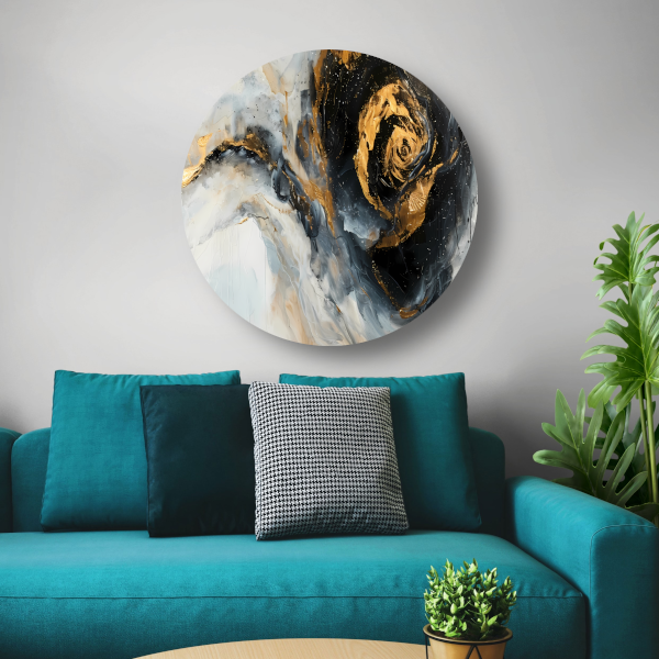 Moderne abstracte expressie in goud en blauwtinten aluminium muurcirkel