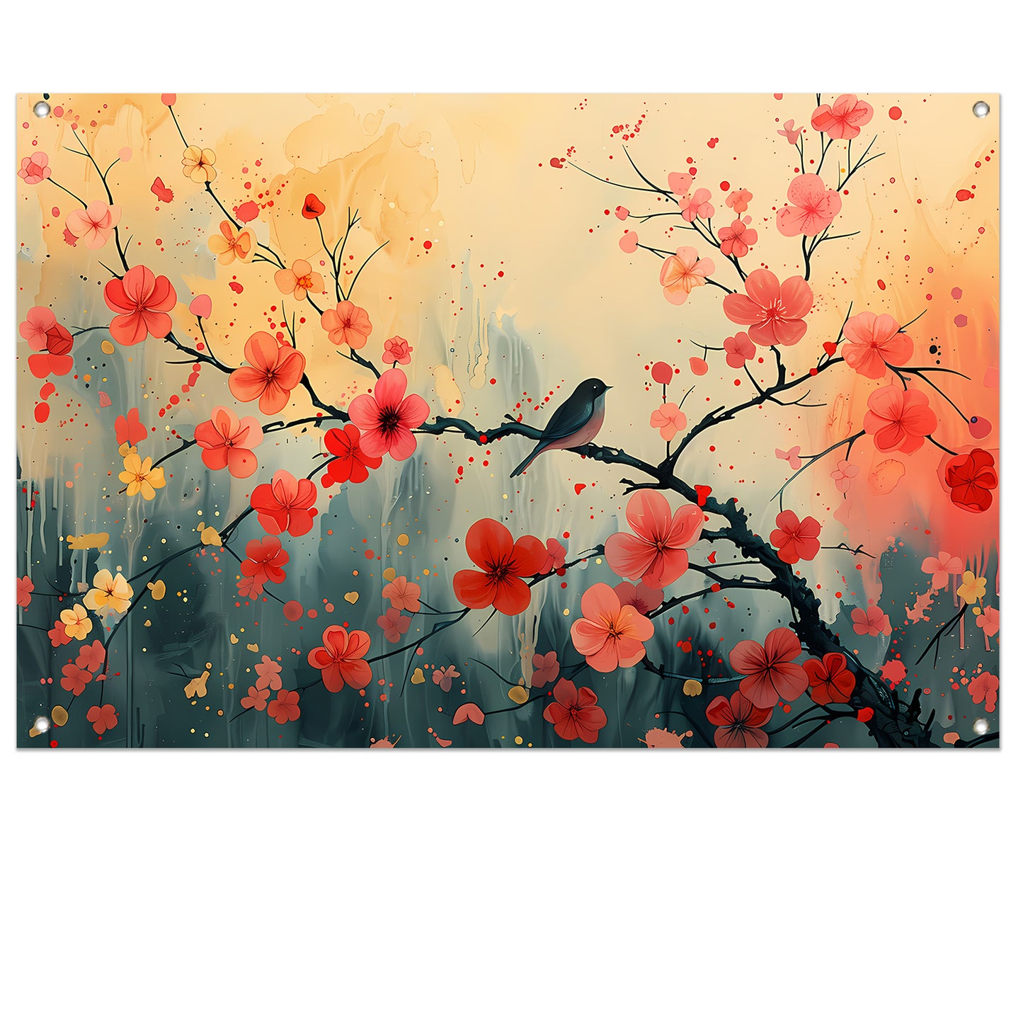 Aquarel vogel bloesemtak tuinposter