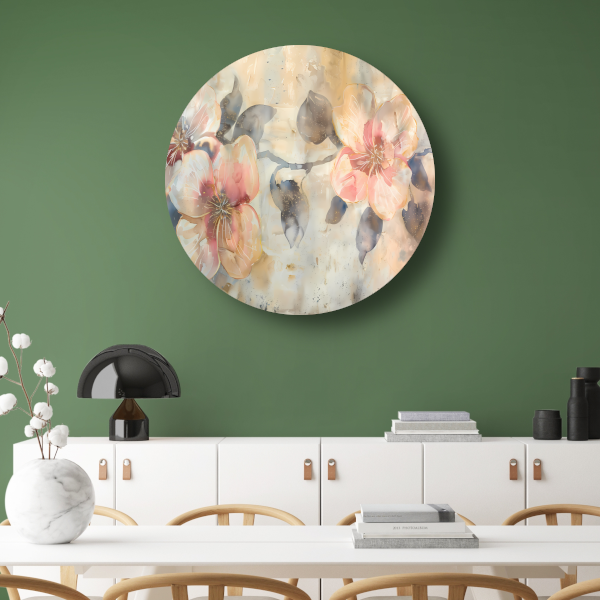 Bloeiende abstractie in aquarel met zachte tinten forex muurcirkel