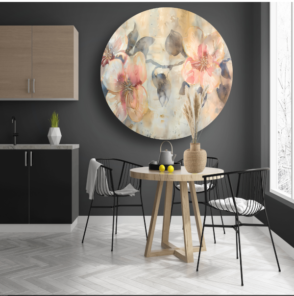 Bloeiende abstractie in aquarel met zachte tinten forex muurcirkel