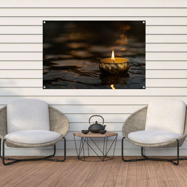 Sfeervolle kaars met gouden details op donker water tuinposter