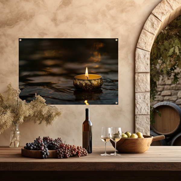 Sfeervolle kaars met gouden details op donker water tuinposter