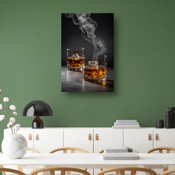 Elegante whiskeyglazen met rook op zwarte achtergrond canvas
