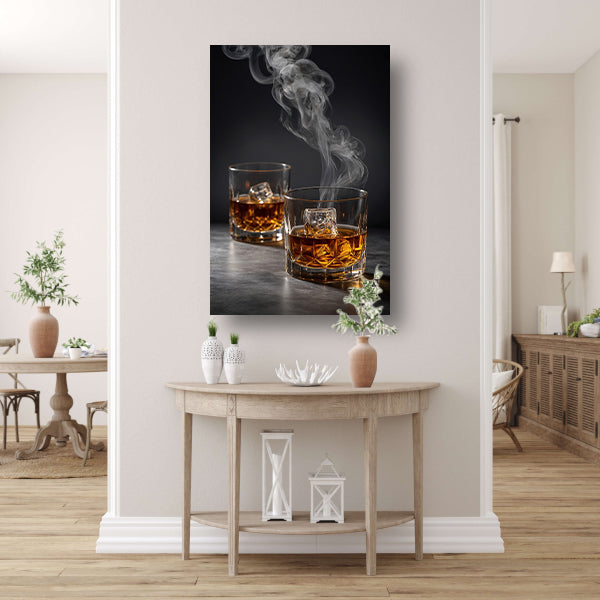 Elegante whiskeyglazen met rook op zwarte achtergrond canvas