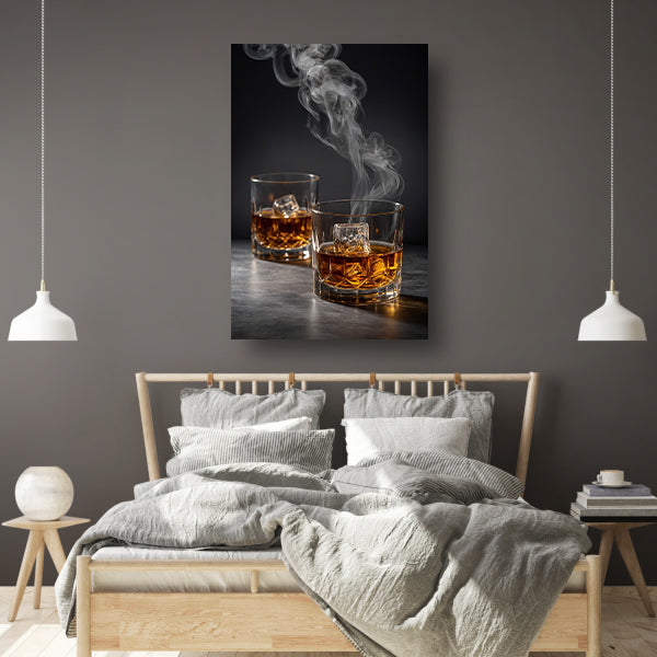 Elegante whiskeyglazen met rook op zwarte achtergrond canvas