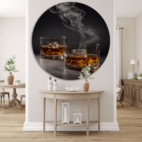 Elegante whiskeyglazen met rook op zwarte achtergrond forex muurcirkel